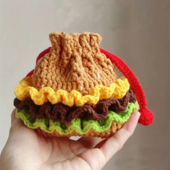 Crochet Hamburger NEW Drawstring Bag Purse Wristlet - Picture 3 of 3